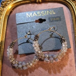 Massini Grey Skies Silver and White Beaded Hoop, Drop Earrings NWT